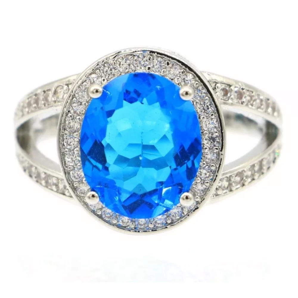 New Swiss Blue Topaz Cz Sterling Silver Ring